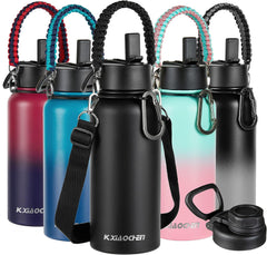 32 oz Insulated Water Bottle with Paracord Handles & Strap, 2 Lids(Straw Lid&Spout Lid), Stainless Steel Reusable Wide Mouth Metal Water Bottle With Straw, Double Walled, Thermo Mug(Black)